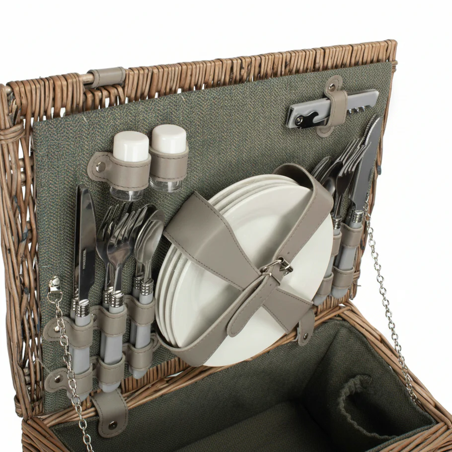 4 Person Picnic Hamper Green Tweed - Image 7